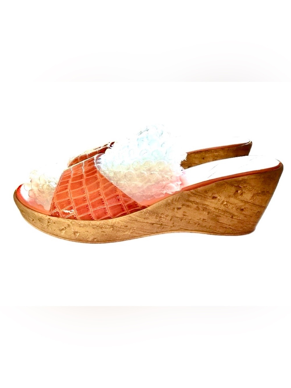 Orange Stamped Leather Slip Ons Sandals Wedge